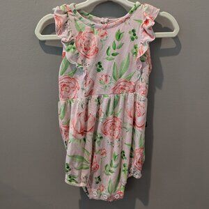 LEV Baby Bamboo Bubble Romper, Pink Rose Print Baby 3-6 mo